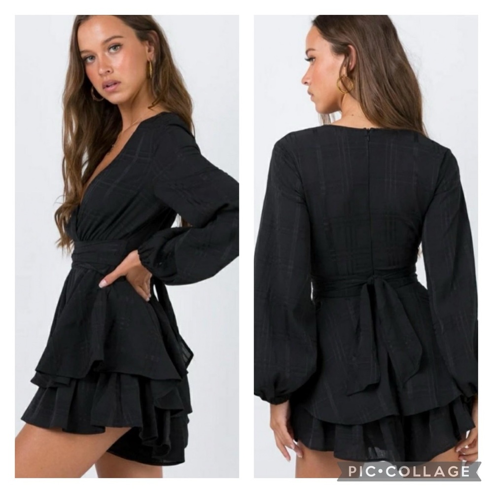 EUC Princess Polly Black Long Sleeve Plunge V neck Ruffle Layered Romper